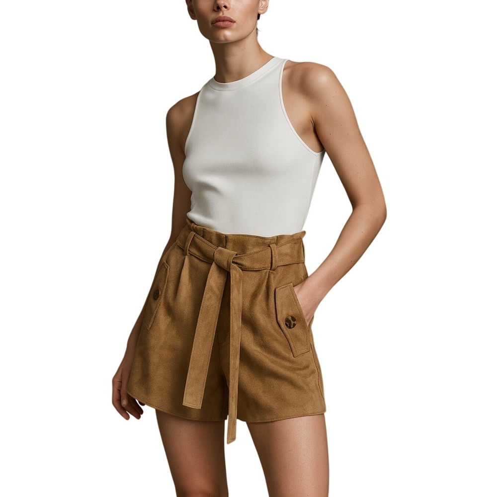 Banana Republic Faux Suede Shorts Size‎ 2 Tan High Waist Belted Pockets New
